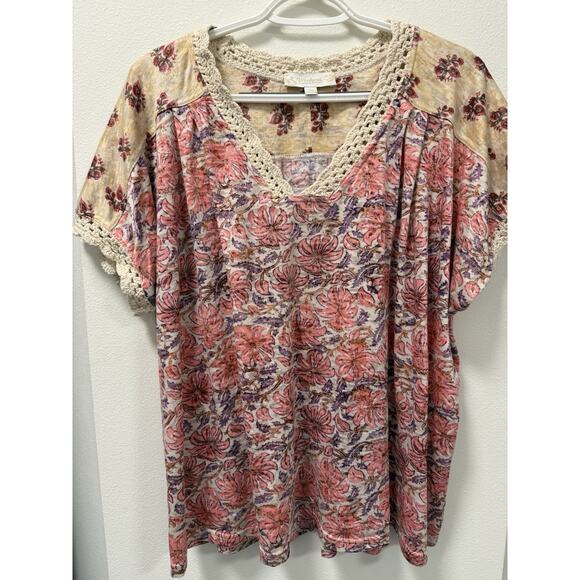 Suzanne Betro Weekend Women’s Large Cream‎ Pink Floral V-Neck - Picture 1 of 10